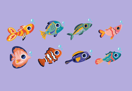 Colorful Fish Marine Tropical Cute Animal Illustrations Set