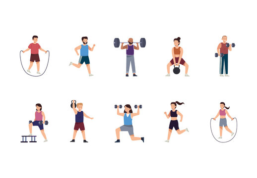 Colorful Fitness People Gym Workout Training Sports Illustrations Set