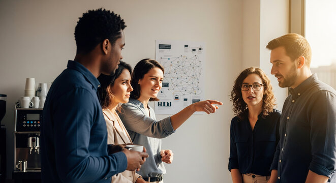 Diverse team of professional colleagues collaborating on a new business strategy during a standing meeting in a bright modern office - Powered by Adobe