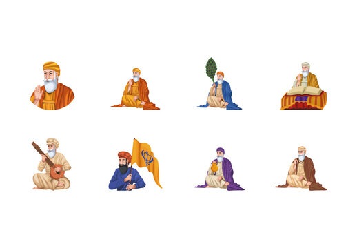 Colorful Guru Nanak Jayanti Sikh Religion Culture Illustrations Set