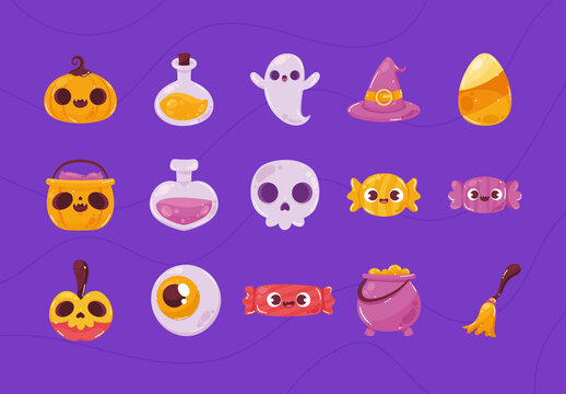 Colorful Halloween Cute Illustrations Set