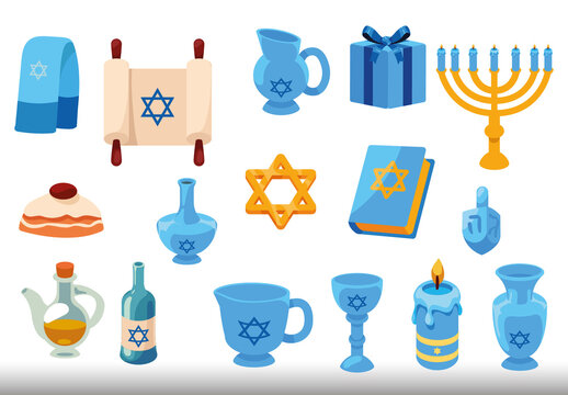 Colorful Hanukkah Jewish Illustrations Set