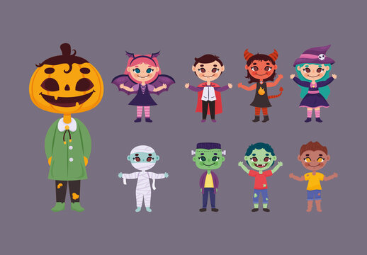 Colorful Halloween Kids Characters Costume Illustrations Set