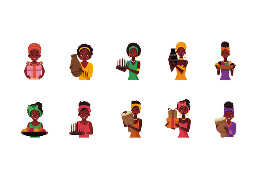 Colorful Kwanzaa African Culture Celebration People Illustrations Set