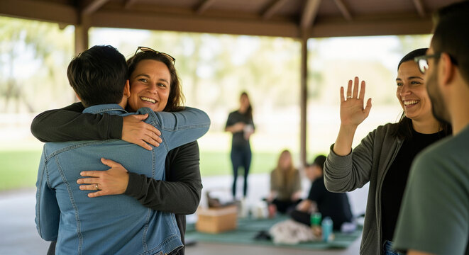 A group of diverse friends joyfully embracing and socializing at a sunny park pavilion, celebrating community and connection during an outdoor gathering - Powered by Adobe