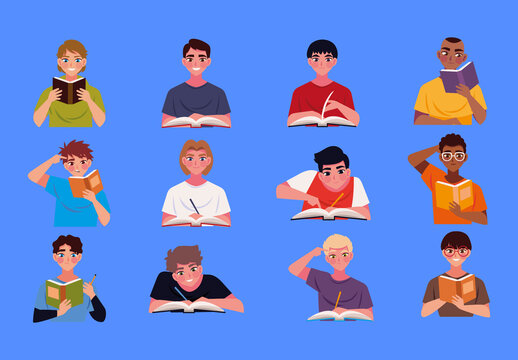 Colorful Student Reading Studying Male Illustrations Set