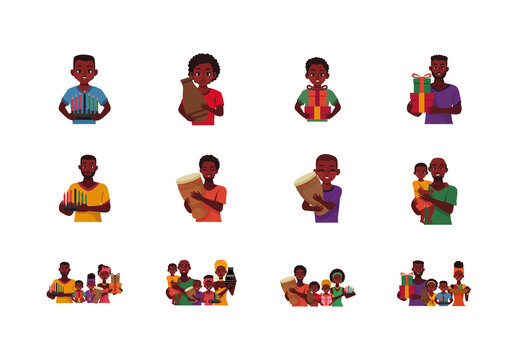 Colorful Kwanzaa Family Celebration African Culture Illustrations Set
