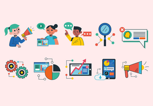 Colorful Marketing Data Promotion Growth Analysis Illustrations Set