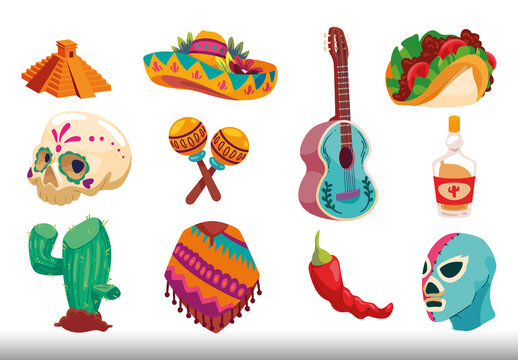 Colorful Mexico Culture Illustrations Set