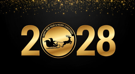 Golden 2028 with Santa Sleigh Silhouette and Glittering Stars