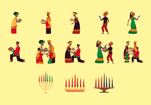 Colorful Kwanzaa Family Celebration Unity Culture Illustrations Set