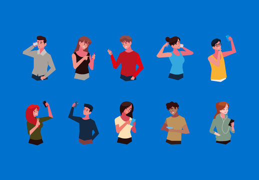Colorful People Using Smartphone Communication Social Media Illustrations Set