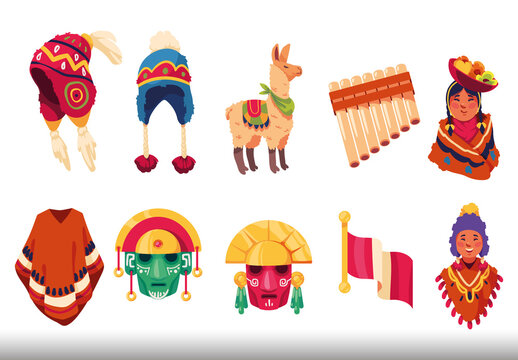 Colorful Peru Culture Traditional Illustrations Set