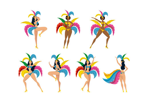 Colorful Rio Janeiro Carnival Dancer Samba Festival Brazil Illustrations Set