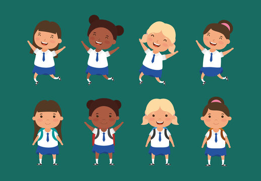 Colorful School Girls Cute Student Illustrations Set