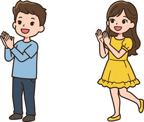 Cartoon children clapping, boy and girl, joyful moment, celebration gesture, cheerful expression, approval scene, vector illustration, happy kids, fun