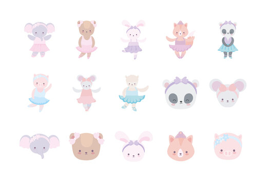 Pink And Purple Ballet Animal Ballerina Cute Characters Illustrations Set