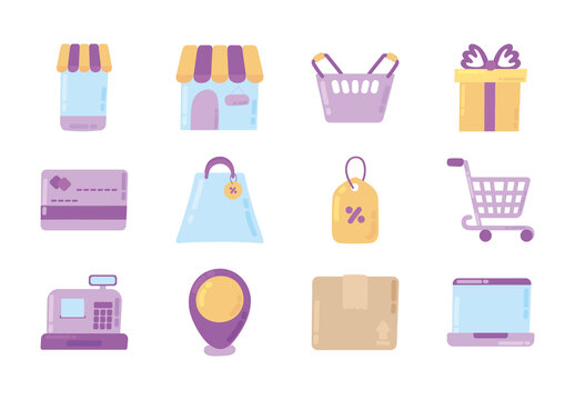 Purple And Yellow Shopping Online Ecommerce Illustrations Set