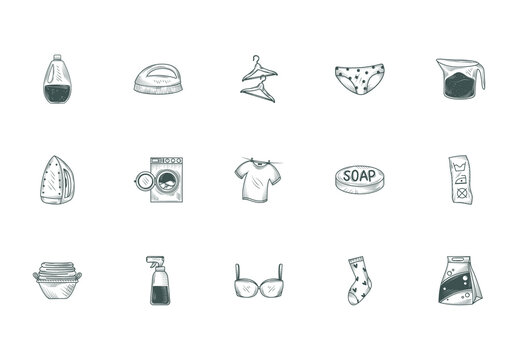 Gray And White Laundry Clothes Washing Sketch Icons Set