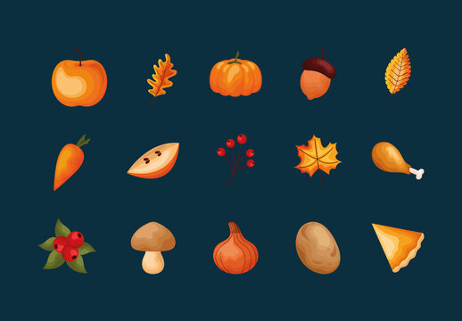 Orange And Yellow Thanksgiving Celebration Autumn Seasonal Illustrations Set