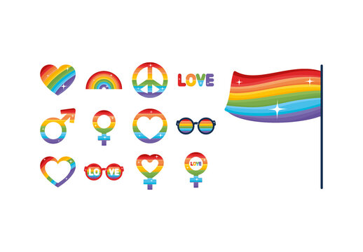 Colorful Pride Day Rainbow LGBTQ Symbols Gender Equality Icons Set