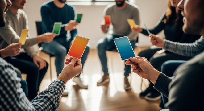 Diverse group of people in a circle during a team-building workshop using colorful cards for creative communication and feedback