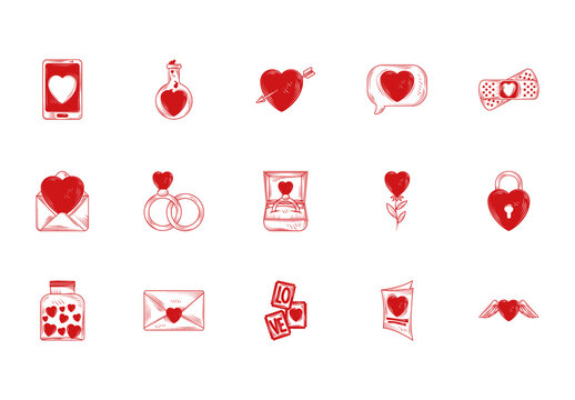 Love Heart Valentine Sketch Illustration Set