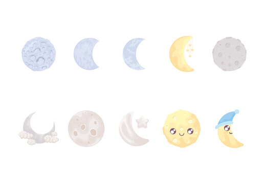 Colorful Moon Celestial Cute Illustrations Set