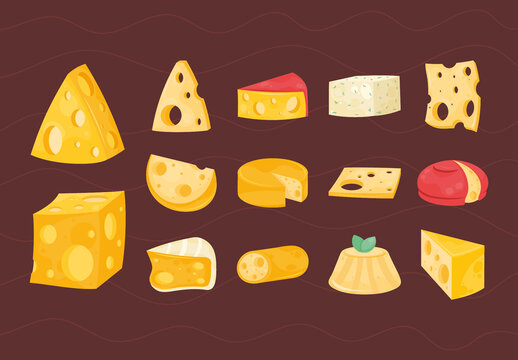 Yellow Cheese Dairy Milk Food Cartoon Illustrations Set