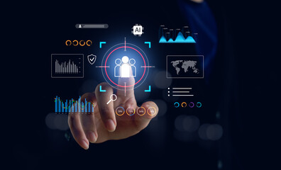 Concept of AI-powered CRM and customer data analytics. Business professional using virtual interface to analyze marketing data, target audience, optimize customer relationship management strategy.