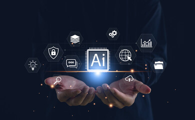 Artificial intelligence concept with digital icons representing innovation, data security, cloud computing, and global network technology, symbolizing the power of modern AI systems.