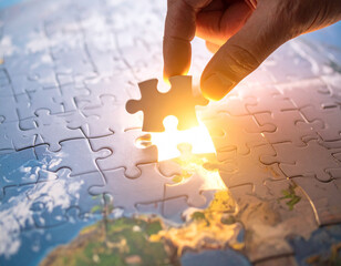 A hand, unseen, holds the final, central piece to complete a massive, intricate jigsaw puzzle of the world.