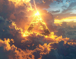 A golden bolt of lightning strikes the exact apex of a triangular graph that reaches into the clouds.