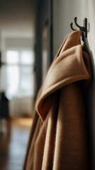Cozy camel coat hangs on vintage hook, inviting warmth and comfort in a stylish home entrance, perfect for fall fashion and interior design inspiration