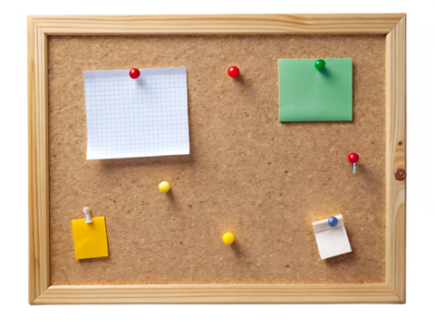 A cork bulletin board with various push pins and a note, isolated on transparent background.png - Powered by Adobe