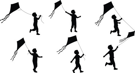 Silhouette children flying kites outdoors in playful motion, joyful activity, black figures on white background, summer fun, freedom, happiness, sky.