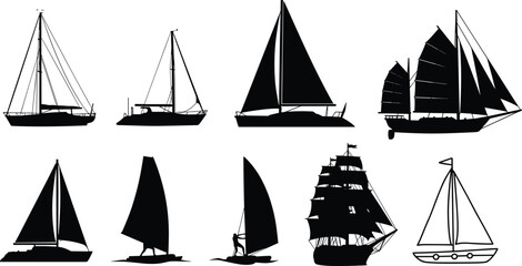 Vector Set of Eight Black Sailboat Silhouettes Featuring Diverse Sailing Vessel Designs, Nautical Icons, Tall Ships, and Traditional Maritime Boats on White Background