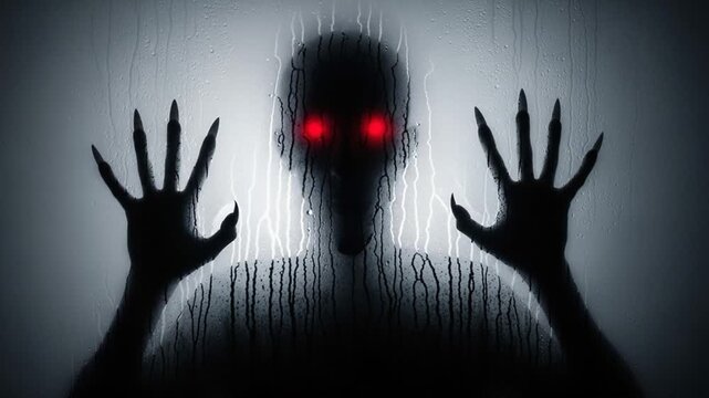 Silhouette of a menacing figure with glowing red eyes behind frosted glass.