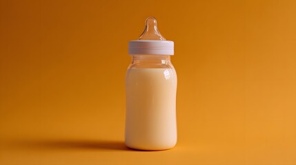 Bottle of baby food on orange background. Close-up.