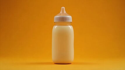 Bottle of baby food on orange background. Close-up.