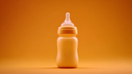 Bottle of baby food on orange background. Close-up.