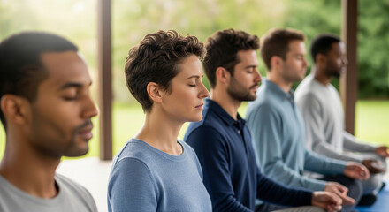 A diverse group of multicultural people meditating together in a yoga class, finding inner peace and mindfulness with eyes closed in a serene setting