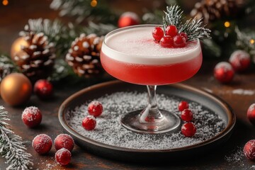 Red drink garnish atop a glass.