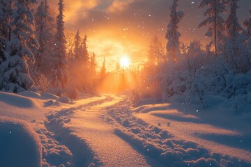Snow-covered winter landscape with trees and a frozen lake, reflecting the clear blue sky.