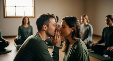 A tender moment of connection as a man whispers into a woman's ear, sharing a secret during a group therapy or mindfulness workshop