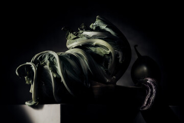 Vegetable still life with cauliflower leaves and unusual eggplants. Shallow depth of field