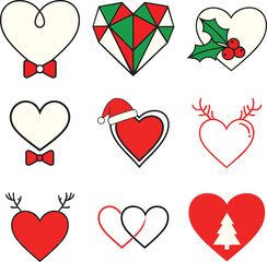 Set of Christmas Heart Icons with Santa Hat, Reindeer Antlers, Holly, and Tree Vector Illustration.