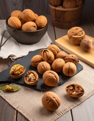 Whole and halved walnuts displayed on a dark gray slate board and in a black bowl