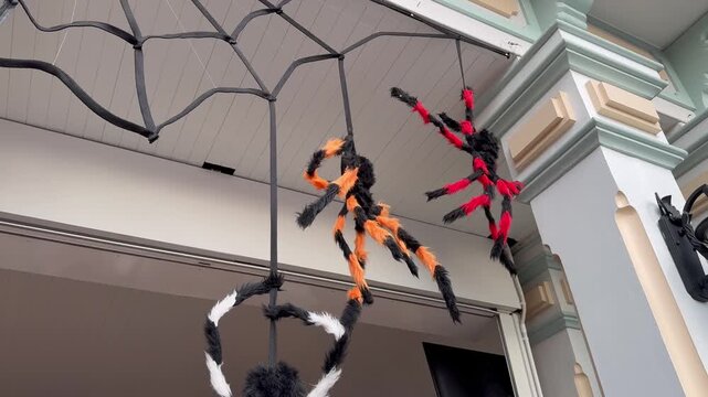 Colorful spider dolls hanging from spider webs on the ceiling, Halloween decorations
