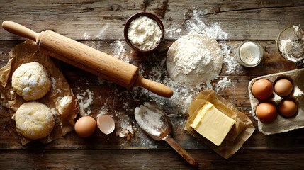 Rustic baking scene with wooden rolling pin, eggs, flour, and butter on wooden table evokes cozy, homemade feel. ingredients are ready for baking, creating warm atmosphere